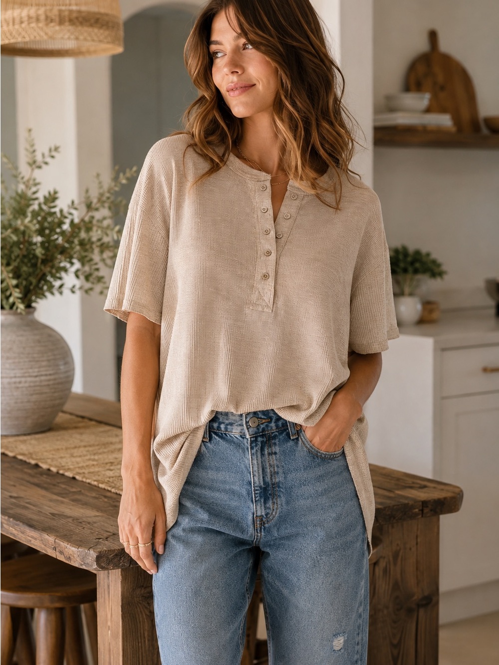 The Nest by Three Bird Nest Soft Plume Henley Top Small Oatmeal Boho